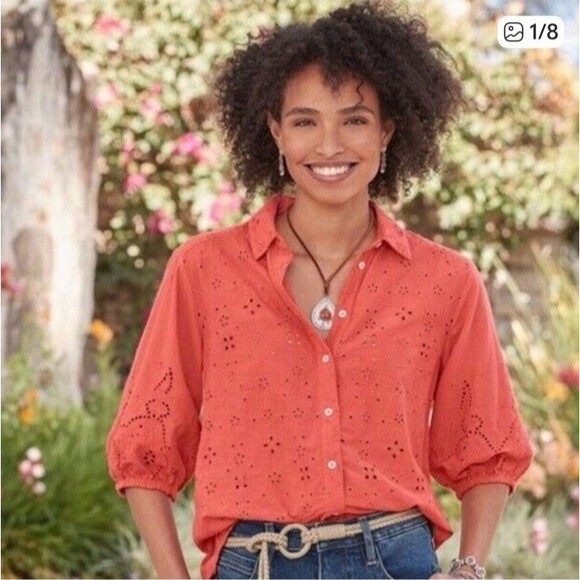 SUNDANCE Corsica Eyelet Puff Sleeve Top Womens Medium Coral Button Up Cotton - Picture 1 of 8